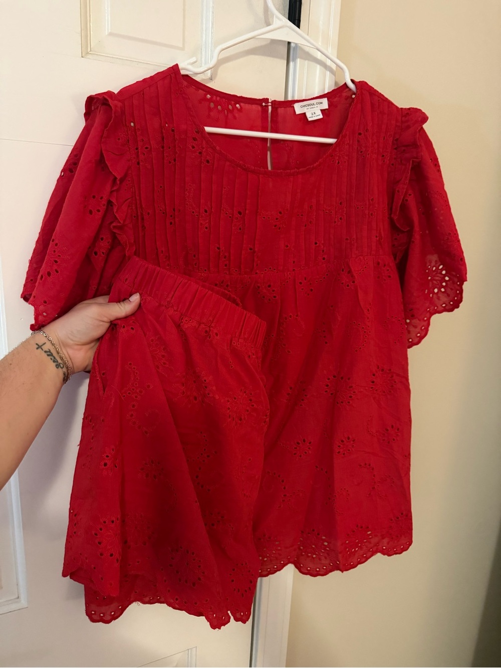 Chic Soul Red Eyelet Tunic with Pintuck Detail